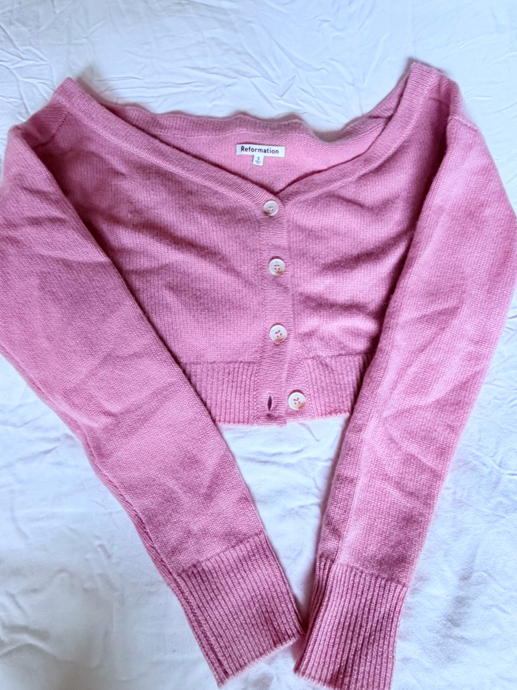 Reformation Millie Cashmere Off The Shoulder Cardigan In Lola, Size S
